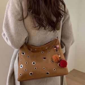 HOMEYOU Faux Leather Grommet Hobo Bag Large Capacity Metal Eyelet Large Shoulder Bag Commute Crossbody Purse Retro Style Rivet Tote Handbag Daily Commute