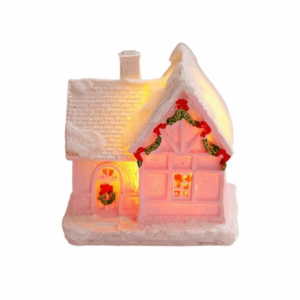 GAOSU Cute Christmas Glowing Small House Resin Luminous Christmas House Ornament Xmas Houses Gifts Pink Christmas Decorations Figurines Home Xmas Decor