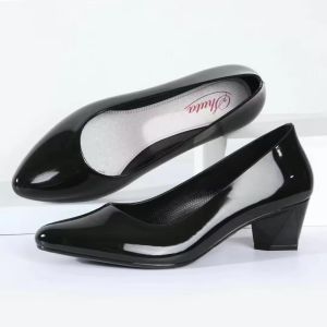 CINDERR Fashion Office Formal Work Black glossy shoes Pointed toe Block Heels Shoes for women#WX119
