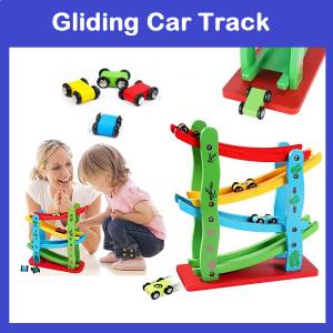 Wooden 4 Tracks Ladder Ramp Racer Toddler Toys Race Track Car for Kids Boys Girls Gifts with 4 Small Racers children