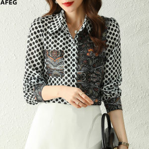 AFEG new Korean fashion loose wild polka dot stitching printed chiffon long-sleeved blouse for women