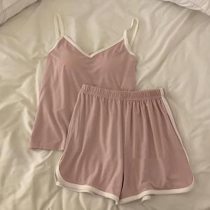 Cool Ice Silk Pajama Womens Summer Camisole with Chest Pad Thin Set Loose Nightwear Sleepwear Casual Home Wear Clothing