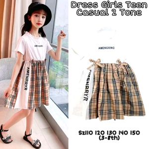 DRESS ANAK PEREMPUAN KOREAN STYLE KASUAL 2 TONE WHITE KOTAK