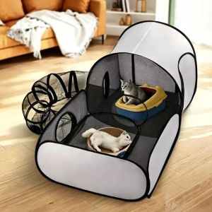 Foldable Cat Tent with Tunnel Breathable Polyester Cat Cage Indoor Outdoor Playpen for Cats & Small Dogs