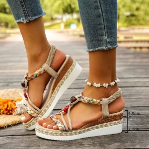 [Free Shipping] New Plus-Size Bohemian Beaded Fish-Mouth Sandals Featuring Ethnic-Style Woven Straps And A Wedge Heel Perfect For The Beach