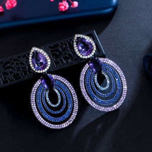 SEQUITO Retro Micro Dark Blue Cubic Zirconia Pave Purple Crystal Big Long Black Gold Plated Round Dangle Drop Earrings For Women SE525