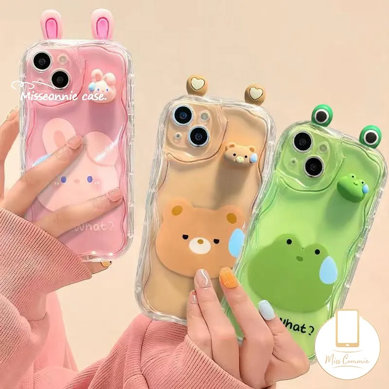 3D Doll Cute Frog Bear Case Compatible for IPhone 11 7plus 14 12 13 Pro Max  X XR 6s Plus XS MAX SE 2020 3D Wavy Curved Edge Creative Cartoon