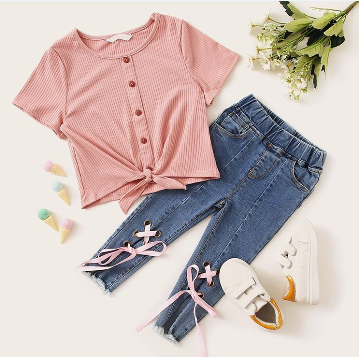 Thorn Tree New Fashion Baby Girl Solid Shirt Top Jeans Long Pants