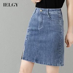 IELGY Chân Váy Chữ A XẺ TÀ Eo Cao Ôm Sát Váy Denim Co Giãn Nâng Hông Cho Nữ