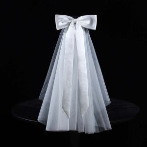 DEGRAD Romantic Long Satin Bow Veil Single Layer Shawl Bridal Headdress Elegant Soft Brides White Headgear Photo