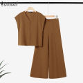ZANZEA Women Two-piece Outfits Raglan Sleeve V-Neck Button Up Shirt Wide Leg Long Trousers Solid Elegant Sets #0407. 