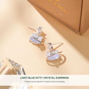 SINLISH Korean Trendy Hello Kitty Earrings Light Blue Gradient Crystal Design with Premium Zirconia Jewelry (one pair)