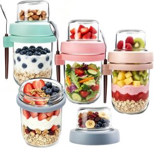 PFUM Overnight Oats Jars with Spoon and Lid 16 oz [2 Pack] Airtight Oatmeal Container with Measurement Marks Mason Jars with Lid for Cereal On The Go Container (2pcs white)