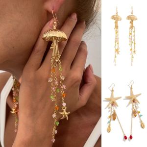 TIMIA ลูกปัดเม็ดกลม ต่างหูหมุดปลาดาว หวานหวานแหววว พู่ห้อยคอ ต่างหูหยดแมงกะพรุน น่ารักน่ารักๆ โลหะสำหรับตกแต่ง ต่างหูชายหาดสไตล์ทะเล สำหรับผู้หญิง