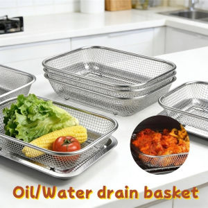 2 IN 1 Stainless Steel Rectangular Draining Basket Oven Tray Oil Drain Large Hole Fruit Waing Basket