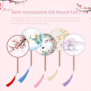 Silk Material Chinese Round Hand Fan Embroidery Design Long Handle Vintage Printing Silk Fan Ink Painting Round Shape h260612