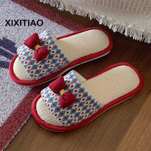 Xixitiao Xăng đan cotton cho nữ dép đế mềm phong cách cổ tích phòng ngủ gia đình bốn mùa nơ mùa xuân và mùa thu ngọt ngào