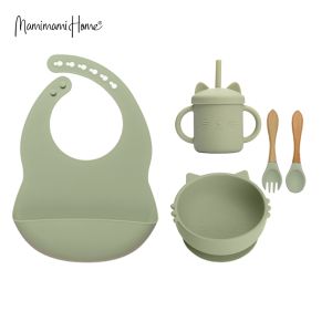 Mamimami ถ้วยดูดอาหารเด็กเล่น5ชิ้น/เซ็ตถ้วยดูดมีหลอดช้อนปรับได้ช้อนนุ่มและส้อมสำหรับเด็กวัยหัดเดินของขวัญอาหารแรก