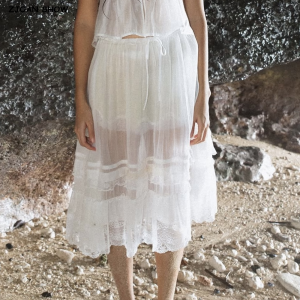 Holiday White Spliced Lace Semi Sheer Long Skirt Women Bow Lacing up Elastic Waist See Through A-lined Midi Skirts Boho2026