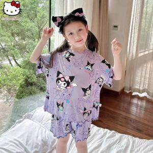 Christmas gifts Halloween 2Pcs Kuromi Summer Girls Anime Kawaii Pajamas Sanrio Cinnamoroll Cartoon Fashion Casual Short Sleeved Shorts Home Clothing Set
