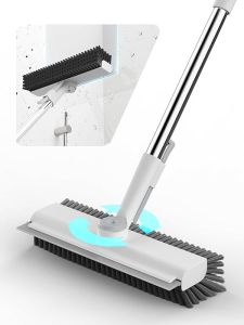 แปรงขัดพื้นพร้อมด้ามยาว 3 in 1 หมุนได้หลายมุม แปรงขัดพื้นขนแปรงมุมขวาพร้อมที่ปาดน้ำและที่คีบสำหรับทำความสะอาดกระเบื้องผนังดาดฟ้าห้องน้ำลานบ้านโรงรถครัว (สีเทา)