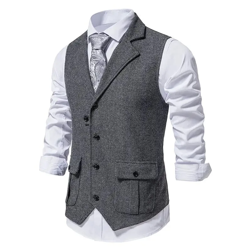 Cozy Up Men's Retro Herringbone Tweed Suit Vest Turn-down Collar
