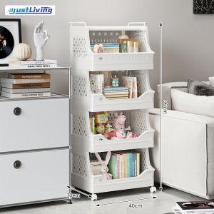 JustLiving Mutli-Functional Shelf Cabinet with wheels Multi-Tier Laundry Basket with Hanging Rack and Basket Hamper Kitchen storage CartStackable Storage Organize Open FrontDirty Clothes HamperPlastic laundry room organization