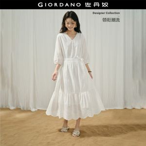 Giordano Women Embroidered cotton v-neck tie waist dress Free Shipping 18466728