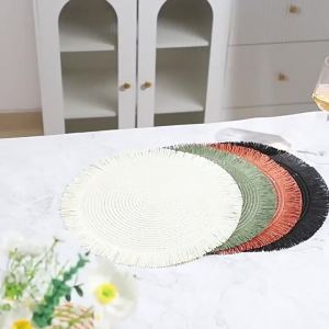 Kirilgu Woven Rattan Round Placemat Handmade Fringe Edge Heat Resistant For Home Dining Table Party Decor 9T1N6