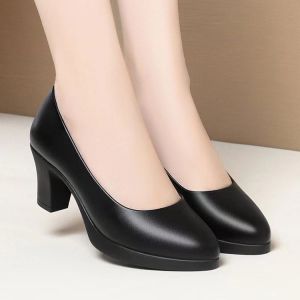 Free Shipping All-Season Single Shoes Chunky Heel Round Toe Mid-Heel WomenS Shoes Square Heel Shallow Opening Black Leather Shoes Work Shoes Low-Heel WomenS Single Shoes