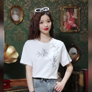 Ammin 2024 mùa hè cổ điển khóa đĩa cổ tròn thời trang trắng cotton T-Shirt phụ nữ phong cách Hàn Quốc tay ngắn tinh tế tre thêu cổ điển Áo Blouse thanh lịch