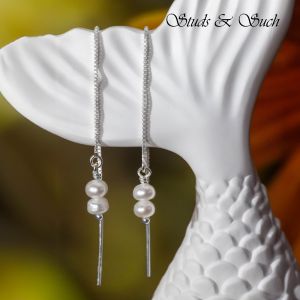 [Studs & Such] 925 Silver Threader Earrings With Double Genuine Freshwater Pearls