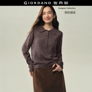 Giordano Women Half placket collar marled knit sweater Free Shipping 18356319