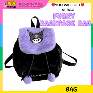 (READY STOCK) Kuromi Melody Beg Sekolah Kartun Comel Plush Fluffy Girl Backpack Cute Anime Crossbody Bag 可爱毛绒书包公仔背包双肩包