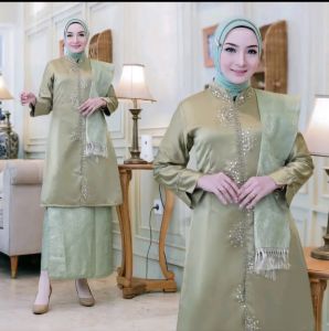 Kebaya FREE HIJAB tunik tradisional etnik Payet Zig-Zag bahan satin bridle rok songket terbaru