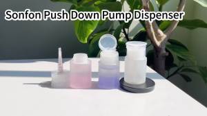 3 Pack 2oz Push Down Pump Dispenser with 6 Labels Leakproof Travel Bottles Empty Push Bottles for Acetone Makeup Remover Micellar Water Toner & More (60ml)