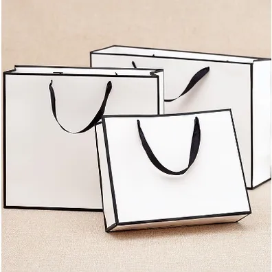 5pcs | White Paper Bag W/ Black Border Gift Craft Paper Gift Plain Rope Handle Hand bag