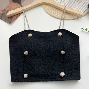 New style small fragrant style camisole womens chest pad inner button design sense chain French style beautiful back tube top #3037