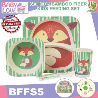 Baby Love BFFS5 5 Piece Set Baby Toddler Kids Dinnerware Bamboo Fiber Plate Set Feeding Bowl Spoon Fork and Cup