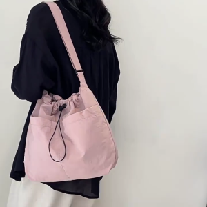 Canvas Large Capacity Adjustable Shoulder Bag for Casual Travel Solid Color Lightweight Drawstrings Crossbody Bag Purse