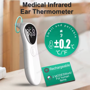 AiQUE Medical Infrared Ear Thermometer with LCD display small and portable ±0.2°C accuracy rechargeable 2 modes for human use suitable for baby and adult fever temperature measurement.