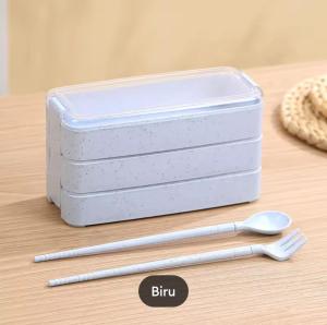 Kotak Makan Jerami Warna 3 Tingkat 900 ML BPA Free Lunch Box Jerami Include Sendok Sumpit Garpu dan Box