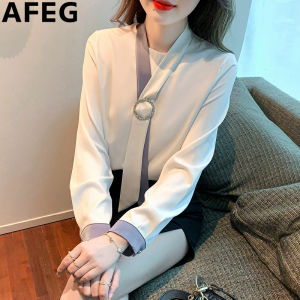 AEEG Korean round neck ribbon fashion loose temperament color satin long sleeve blouse