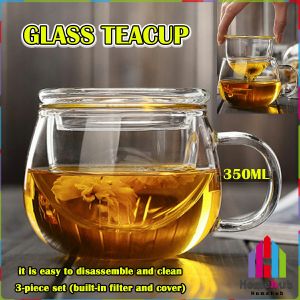 Homehub 350ml Thickened Tea cup Heat resistant With Glass Strainer And Lid Transparent Glass Mug 3 in 1