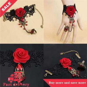 [COD] Hot New Elegant Gothic Style Lace Red Rose Bracelet with Adjustable Finger Ring