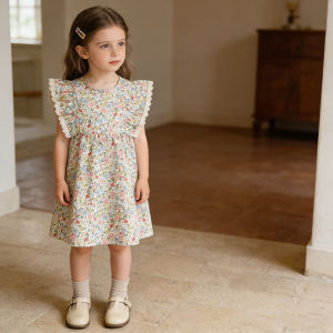 Baby Girl Summer Dress Colorful Cute Floral Print Child Dress Ruffle Sleeve Lace Trim Pure Cotton A-Line Princess Party Dress2026