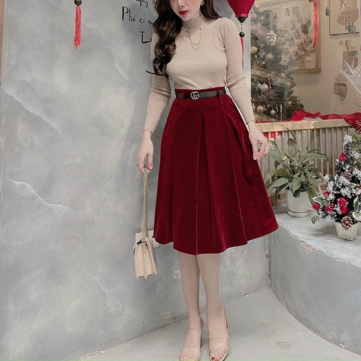 Đầm A đen đính hoa phối chân váy nhung đỏ | Thương hiệu thời trang công sở  cho phái đẹp