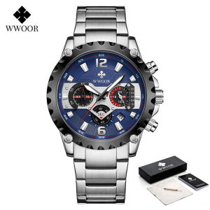 WWOOR Fashion Sports Mens Watches Luxury Military Quartz Gold Steel Waterproof Chronograph Wristwatch