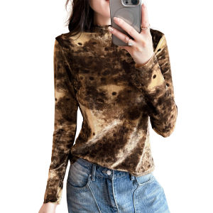 REHIN Printed Mock Neck Long Sleeve Top Women Slim Fit Autumn Winter Fashion Base T-Shirt M-3XL