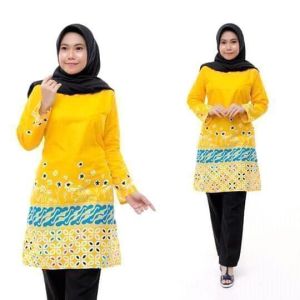 Tunik batik wanita lengan panjang ukuran all size Ld 105 cm dan jumbo Ld 122cm resleting belakang kerah mandarin